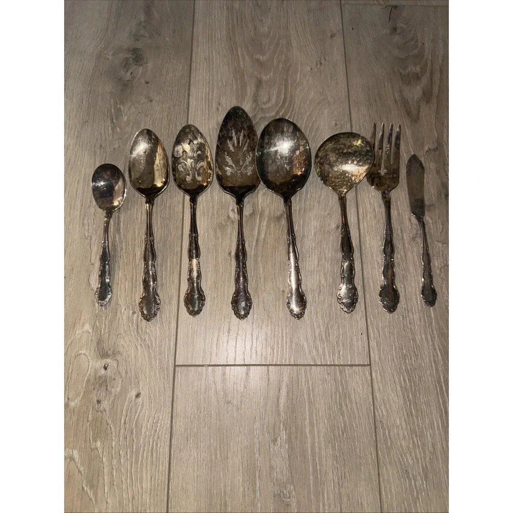 8 Pc Serving Spoons Ladle Fork Rogers Oneida Flirtation 1959 vintage Silverplate